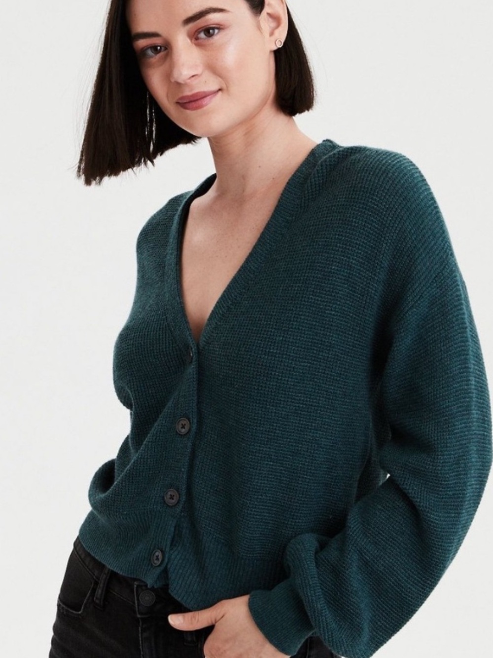 American Eagle Teal V-Neck Balloon Sleeve Cardigan Sweater‎